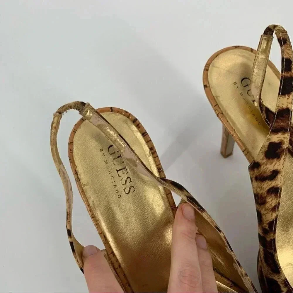 Guess womens heels size 10 brown cheetah print faux cork platform slingbacks